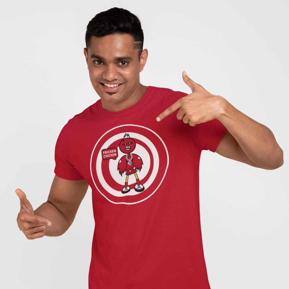 FluxxCo_FrickenChicken_Tee_Red_Dude_pointing_at_tee