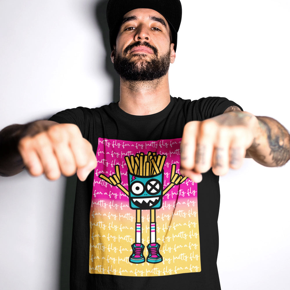 FluxxCo_Mister_French_Fry_Head_tee_black_tattooed_man_with_fists_forward